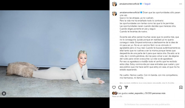 Cantautora española publicó una potente reflexión en la que también agradeció a sus fans / www.instagram.com/amaiamonterooficial