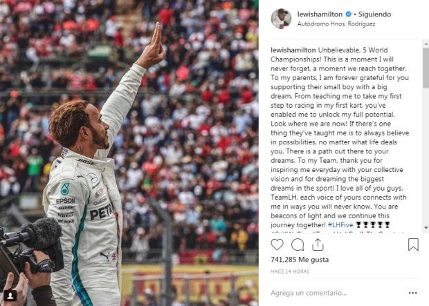 Hamilton ocupó sus redes sociales para agradecer a todo el mundo por su apoyo
