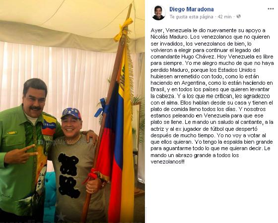 Maradona mostró su alegría por el triunfo de Maduro.