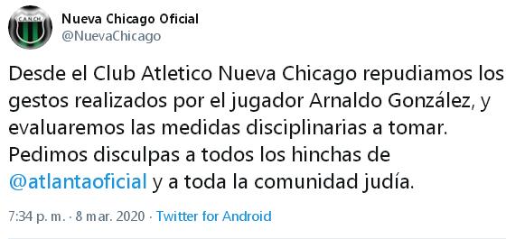 Nueva Chicago ofreció disculpas públicamente.