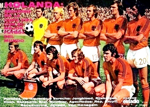 Holanda en el Mundial de 1974. Arriba, de izquierda a derecha: Jan Jongbloed, Wim Rijsbergen, Arie Haan, Johan Neskeens, Ruud Krol y Wim Suurbier. Abajo: Johnny Rep, Johan Cruyff, Rob Rensenbrink, Wim Jansen y Willem van Hanegem. El campeón sin corona en la cita en canchas alemanas.