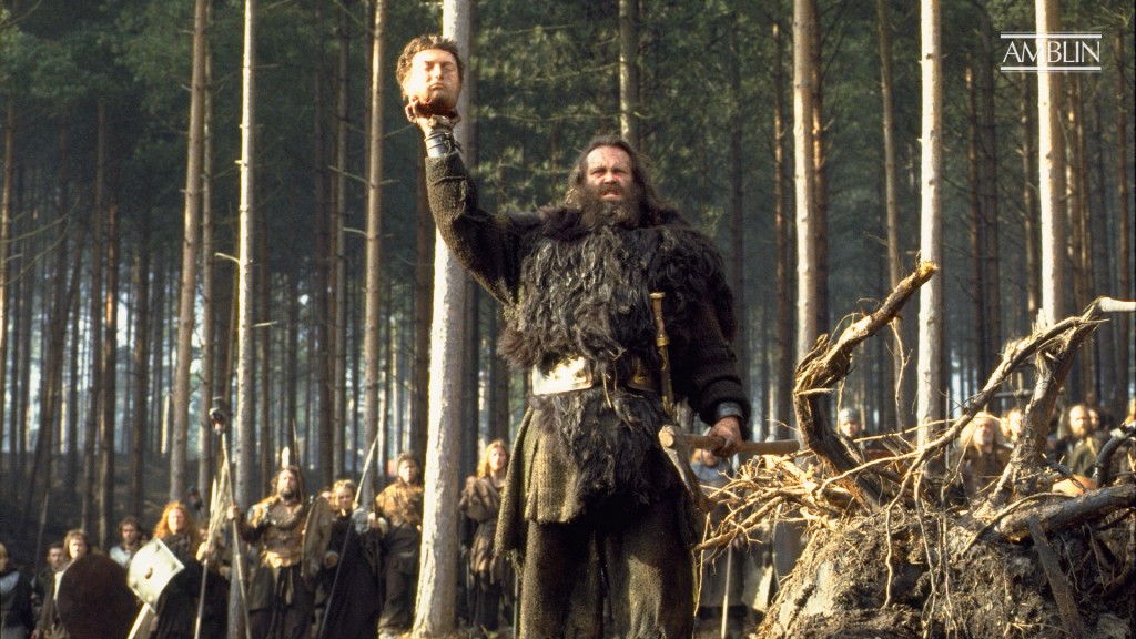 Filmación de una de las escenas iniciales de la película, cuando un bárbaro germano arroja la cabeza decapitada de un emisario romano.