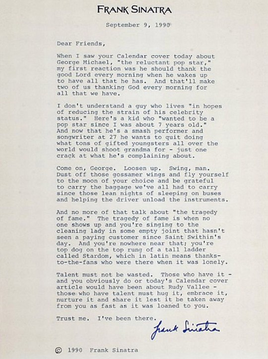 La carta en inglés que Frank Sinatra envió a la revista 'Los Angeles Times' Calendar' para aconsejar a George Michael sobre cómo sobrellevar la fama.