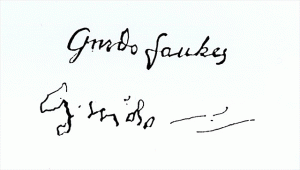 La firma de Guy Fawkes (que aquí aparece como Guido Fawkes), antes y después de ser sometida a la tortura.