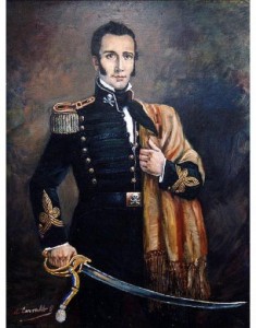 Manuel Rodríguez vistiendo el uniforme de los "Húsares de la Muerte", batallón que se distinguía por una calavera de paño blanco sobre negro, simbolizando la decisión de morir en la batalla antes que permitir el triunfo del enemigo.
