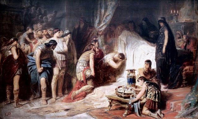 Pintura que recrea a Alejandro Magno en su lecho de muerte.