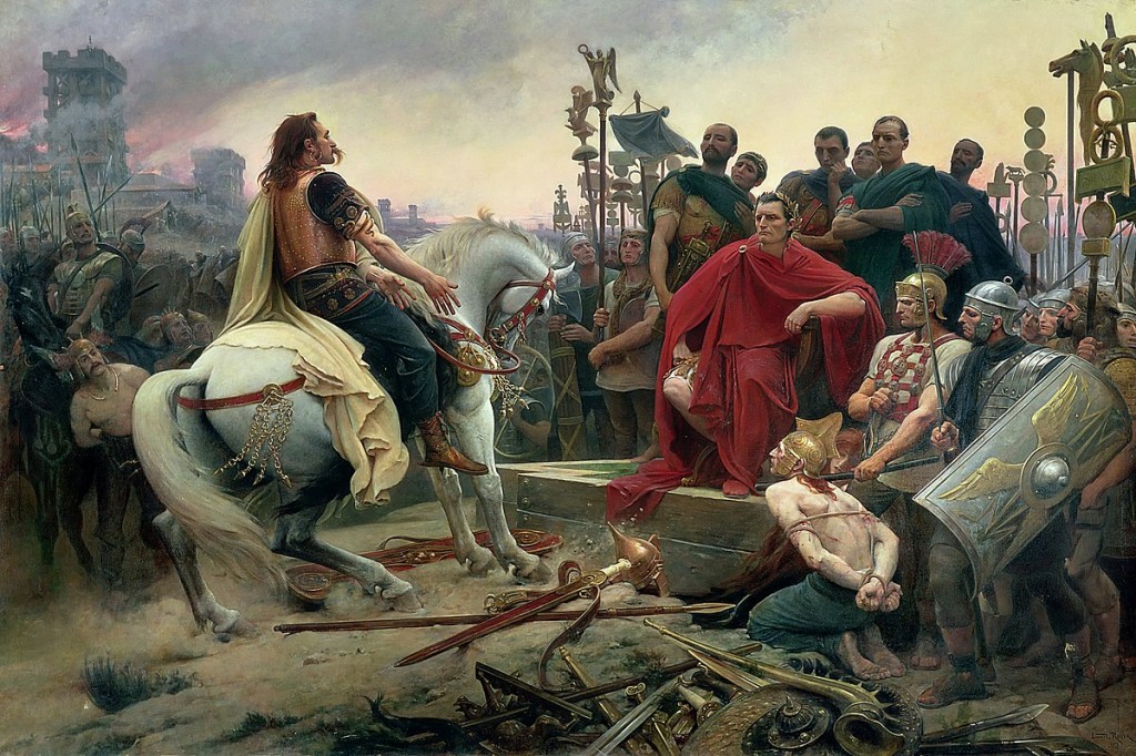 Imagen que recrea la rendición del rey galo Vercingetorix ante Julio César, hecho que puso punto final a la campaña militar de las Galias.