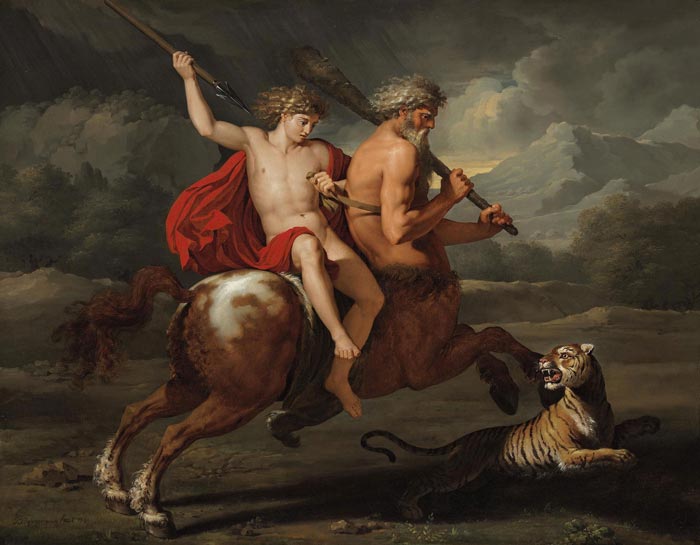 El centauro Quirón enseñando al joven Aquiles el arte de la caza.