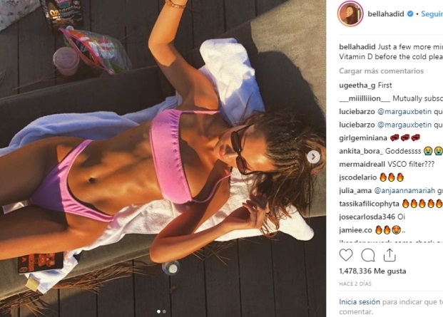 Bella Hadid tomando sol