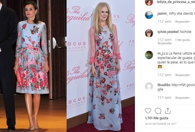 Reina Letizia y Nicole Kidman: La reina usó este vestido de Carolina Herrera en un acto en Palma de Mallorca en 2017. Modelo con manga francesa de tul y falda evasé por encima de la rodilla decorado con flores, también lo usó la actriz en el estreno de “Big Little Lies”. La modificación fue en la falda larga y sustituía el tul celeste de las mangas por uno en tono rosa.