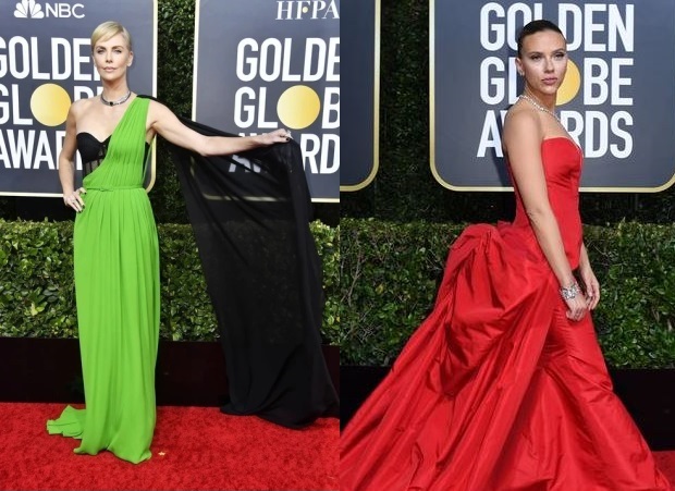 En los Globos de oro, Charlize usó un vestido de Christian Dior color verde, para muchos expertos acertado para la ocasión. Mientras que la protagonista de “Historia de un matrimonio” lució un vestido rojo, strapless, con gran escote, de la diseñadora Vera Wang.