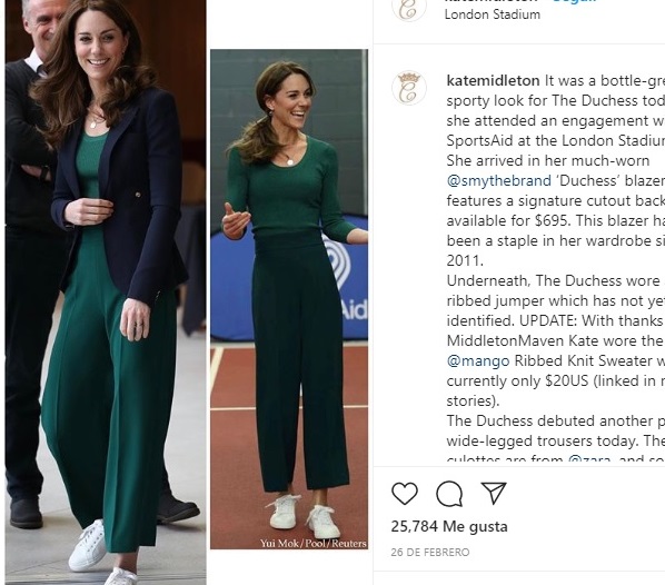 En el Estadio Olímpico de Londres en febrero de 2020, la duquesa de Cambridge optó por la comodidad, pero sin renunciar a la sofisticación.