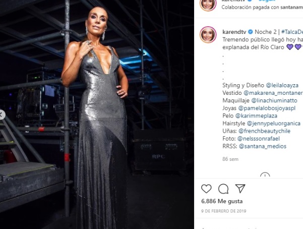 Karen Doggenweiler sorprendió durante la segunda jornada del Festival de la Independencia de Talca 2019, al lucir un vestido metálico con un pronunciado escote de Makarena Montaner.