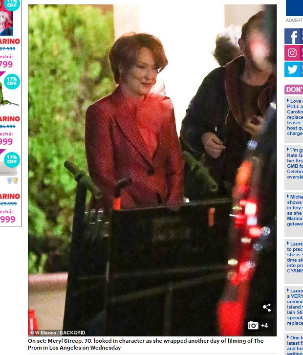 El look a puro glamour de Meryl Streep al rodar el film musical "The Prom" / Captura www.dailymail.co.uk