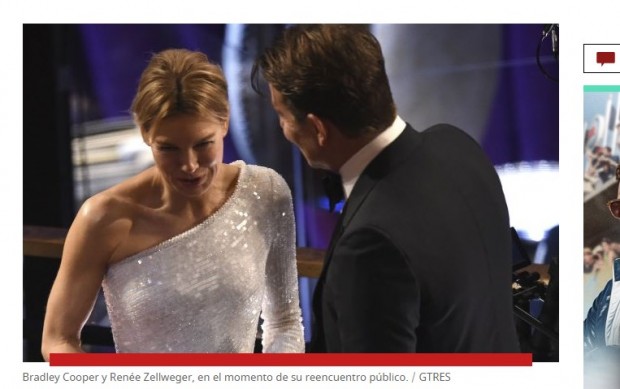 Renée Zellweger y Bradley Cooper, detectados en los premios Oscar a 10 años de terminar su relación / Captura www.elmundo.es