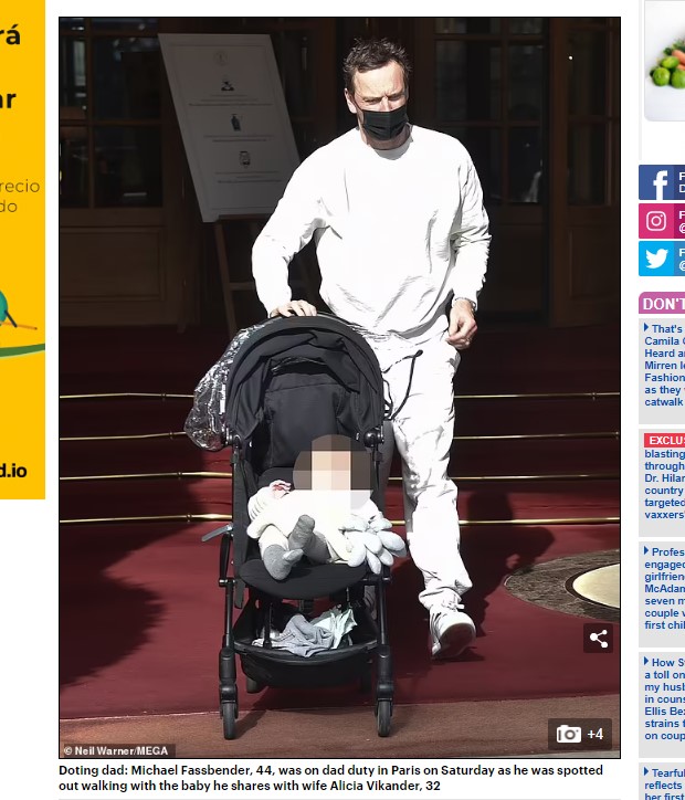 Michael Fassbender sorprendió al pasear junto a su bebé en París / Captura www.dailymail.co.uk