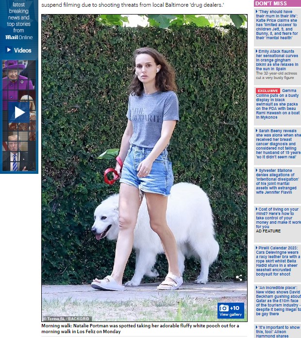 Natalie Portman es fotografiada junto a su perro, y su rostro lo dice todo / Captura www.dailymail.co.uk