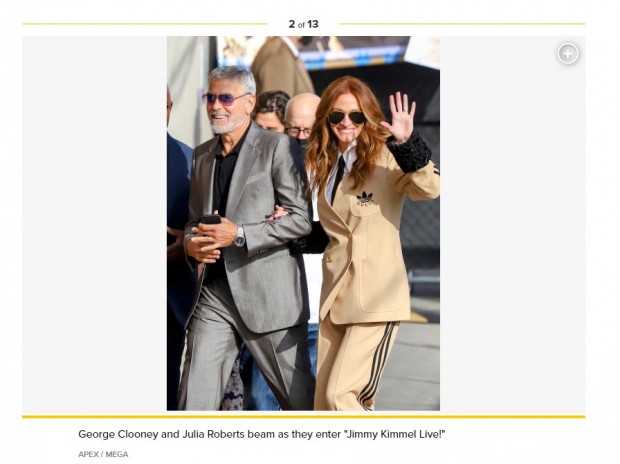 Julia Roberts asistió al programa de Jimmy Kimmel junto a George Clooney, y deslumbró a todos con este traje beige / Captura pagesix.com