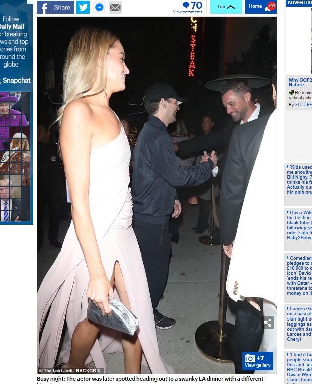 Luego, el actor de "Spider-Man" asistió a una cena con una mujer diferente / Captura www.dailymail.co.uk