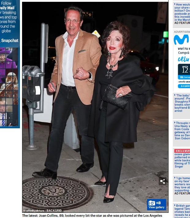 La protagonista de la serie "Dinastía" regresó de sus vacaciones y fue a cenar junto a su marido / Captura www.dailymail.co.uk