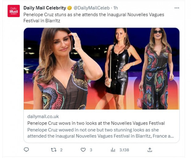 Penélope Cruz deslumbró con sus looks en el festival de cine de Biarritz / Captura twitter.com/DailyMailCeleb
