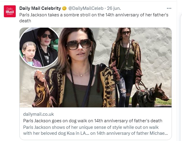 En el 14° aniversario de la muerte de su padre, París Jackson pareció mostrarse reflexiva / Captura twitter.com/DailyMailCeleb