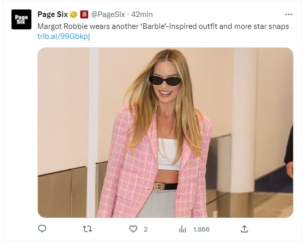 Margot Robbie, fotografiada con un look inspirado en "Barbie" / twitter.com/PageSix