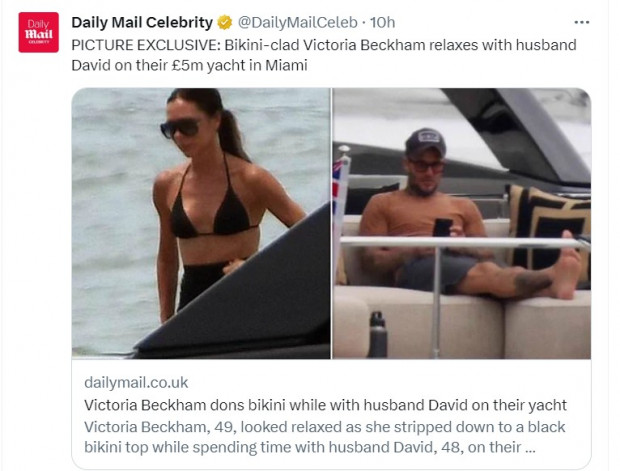 Victoria Beckham fue fotografiada a bordo de un yate y acompañada por David / Captura twitter.com/DailyMailCeleb