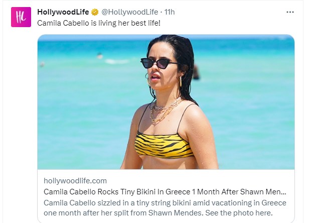 Un mes despúes de separarse de Shawn Mendes, Camila Cabillo disfruta en las playas de Grecia / Captura twitter.com/HollywoodLife