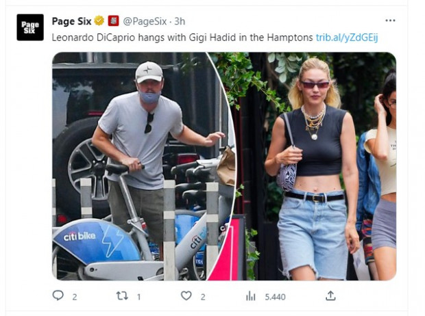 Leonardo DiCaprio y Gigi Hadid fueron sorprendidos en Los Hamptons, y aseguran que "están juntos" / Captura twitter.com/PageSix