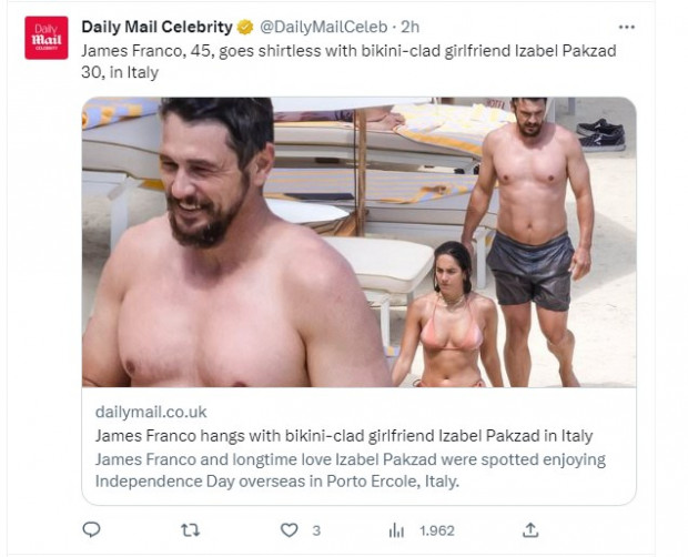 James Franco, fotografiado junto a su novia, sorprendió a los paparazzis con su aspecto / Captura twitter.com/DailyMailCeleb