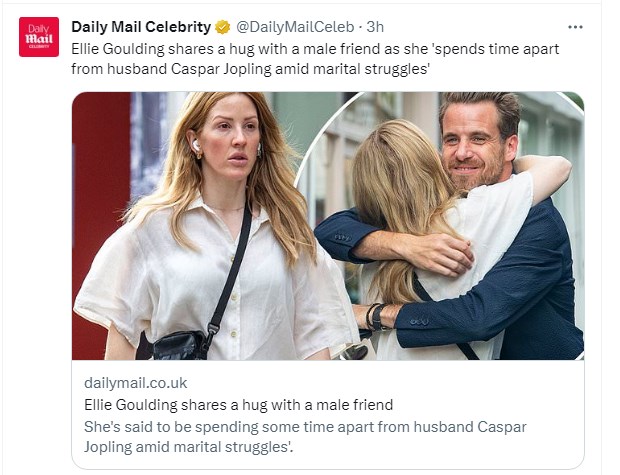 Ellie Goulding se refugia en un amigo ante las versiones de crisis con su marido / Captura twitter.com/DailyMailCeleb