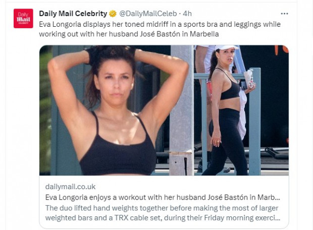 Eva Longoria fue vista en plena sesión de ejercicios fisicos junto a su marido / Captura twitter.com/DailyMailCeleb
