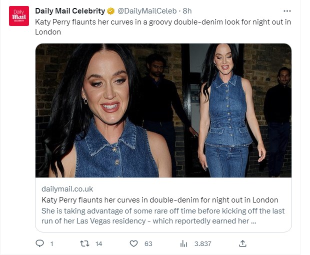 Katy Perry sorprendió con su look para cita con Orlando Bloom / Captura twitter.com/DailyMailCeleb
