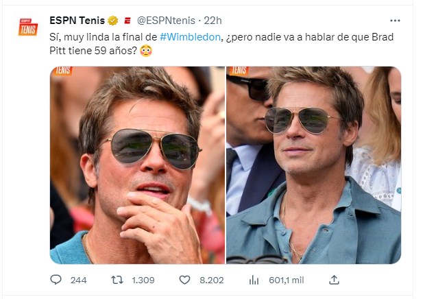 Brad Pitt volvió a sorprender por su look a sus 59 años / Captura twitter.com/espntenis