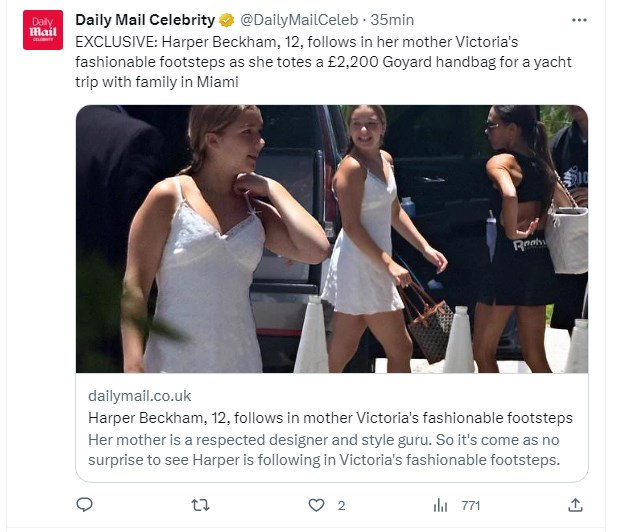 Harper Beckham, hija de David y Victoria Adams, sorprendió al llevar un bolso avaluado en casi US$ 3 mil / Captura twitter.com/DailyMailCeleb