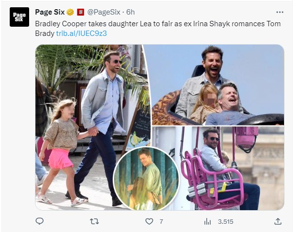 Bradley Cooper: esto está haciendo el actor, mientras Irina Shayk disfruta de su noviazgo con Tom Brady / Captura twitter.com/PageSix