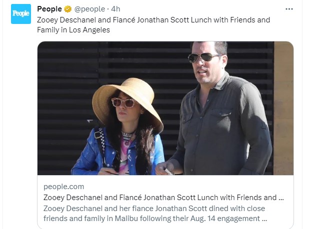 Zooey Deschanel y Jonathan Scott, fotografiados por primera vez desde que anunciaron su compromiso / Captura twitter.com/people