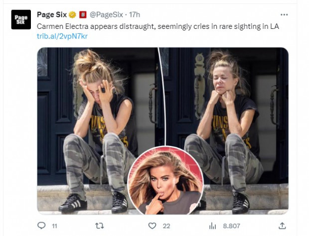 Carmen Electra, fotografiada en Los Ángeles, aparentemente a punto de llorar / Captura twitter.com/PageSix