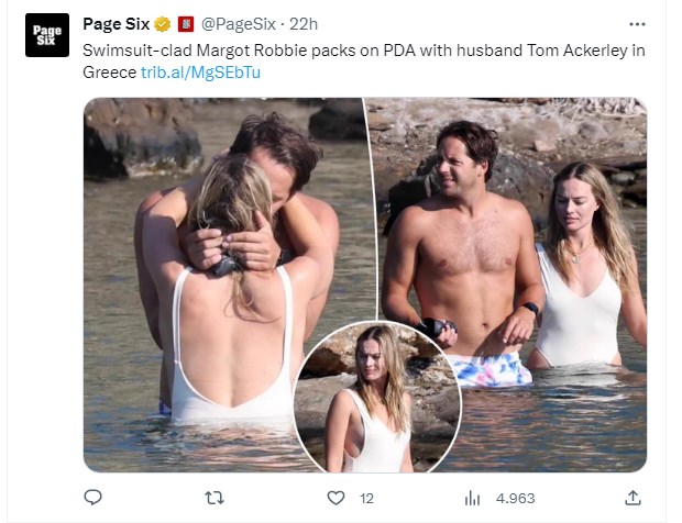 Margot Robbie, fotografiada a puro relax junto a su marido / Captura twitter.com/PageSix