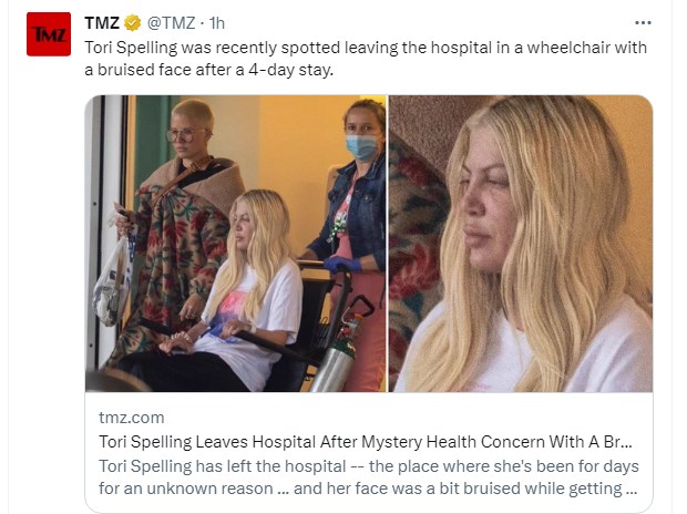 Tori Spelling, fotografiada en silla de ruedas a la salida de un hospital / Captura twitter.com/TMZ