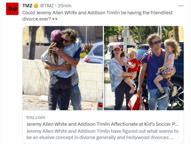 Jeremy Allen White, fotografiado abrazando a su exmujer; ella le solicitó el divorcio recientemente / Captura twitter.com/TMZ