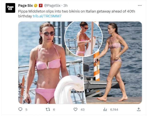 Pippa Middleton, fotografiada a puro relax previo a cumplir sus 40 años / Captura twitter.com/PageSix