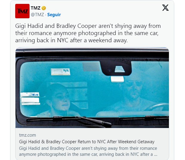 Sorprsa total: Bradley Cooper y Gigi Hadid son captados juntos y ya se habla de que son pareja / Captura twitter.com/TMZ