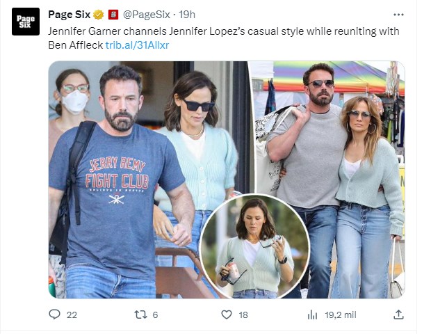 Jennifer Garner fue detectada con el msimo look que Jennifer Lopez / Captura twitter.com/PageSix