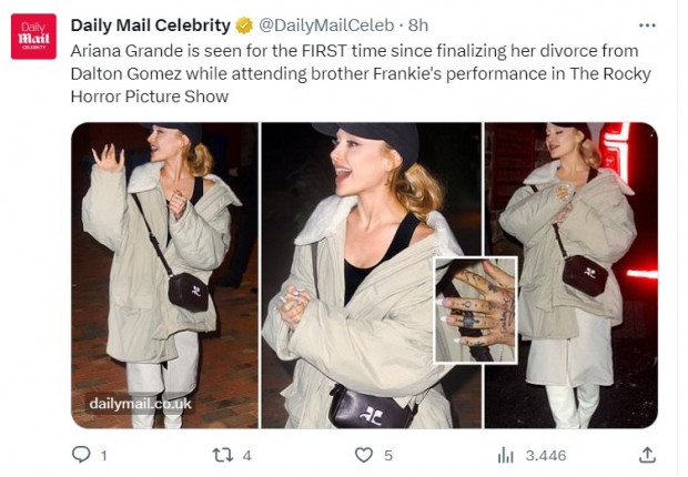 Ariana Grande, detectada por primera vez desde que finalizó millonario divorcio / Captura twitter.com/DailyMailCeleb