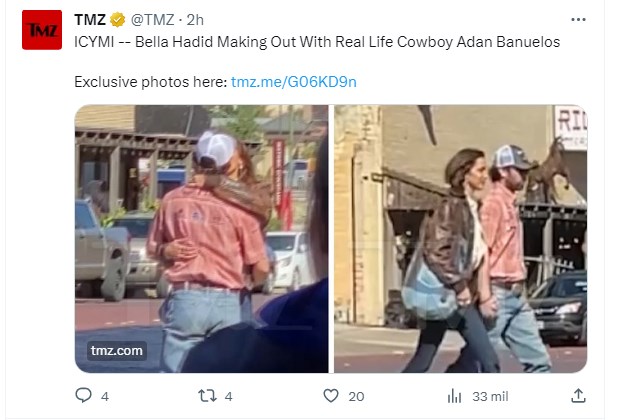 Bella Hadid, sorprendida a los besos con un cowboy en las calles de Texas / Captura twitter.com/TMZ