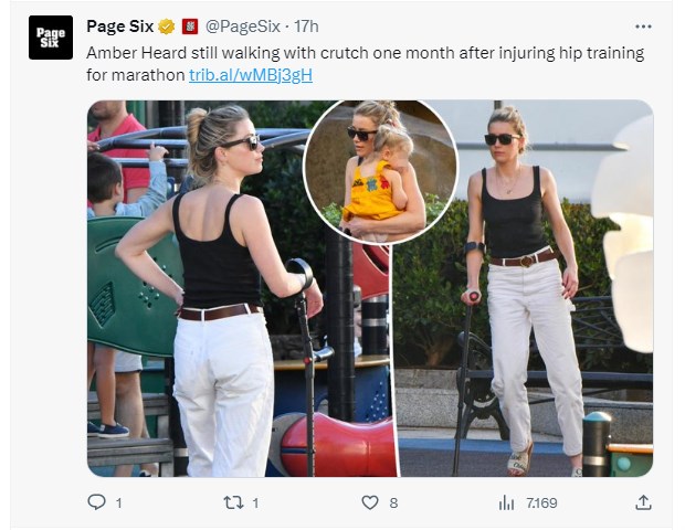 Amber Heard, fotografiada con un frágil estado, ayudada por un bastón para caminar / Captura twitter.com/PageSix