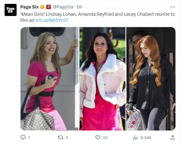 Lindsay Lohan, Amanda Seyfried y Lacey Chabert se reunieron para un rodaje y enloquecieron a seguidores de "Mean Girls" / Captura twitter.com/PageSix