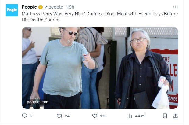 Este es el último registro de Matthew Perry antes de su muerte / Captura twitter.com/people
